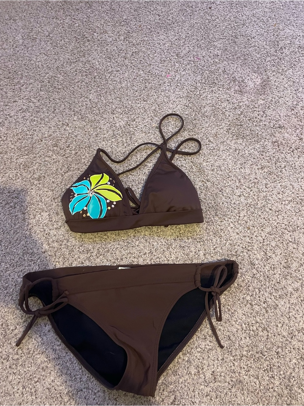 Girls' Brown Two-Piece Bikini with Blue & Lime Floral Accent